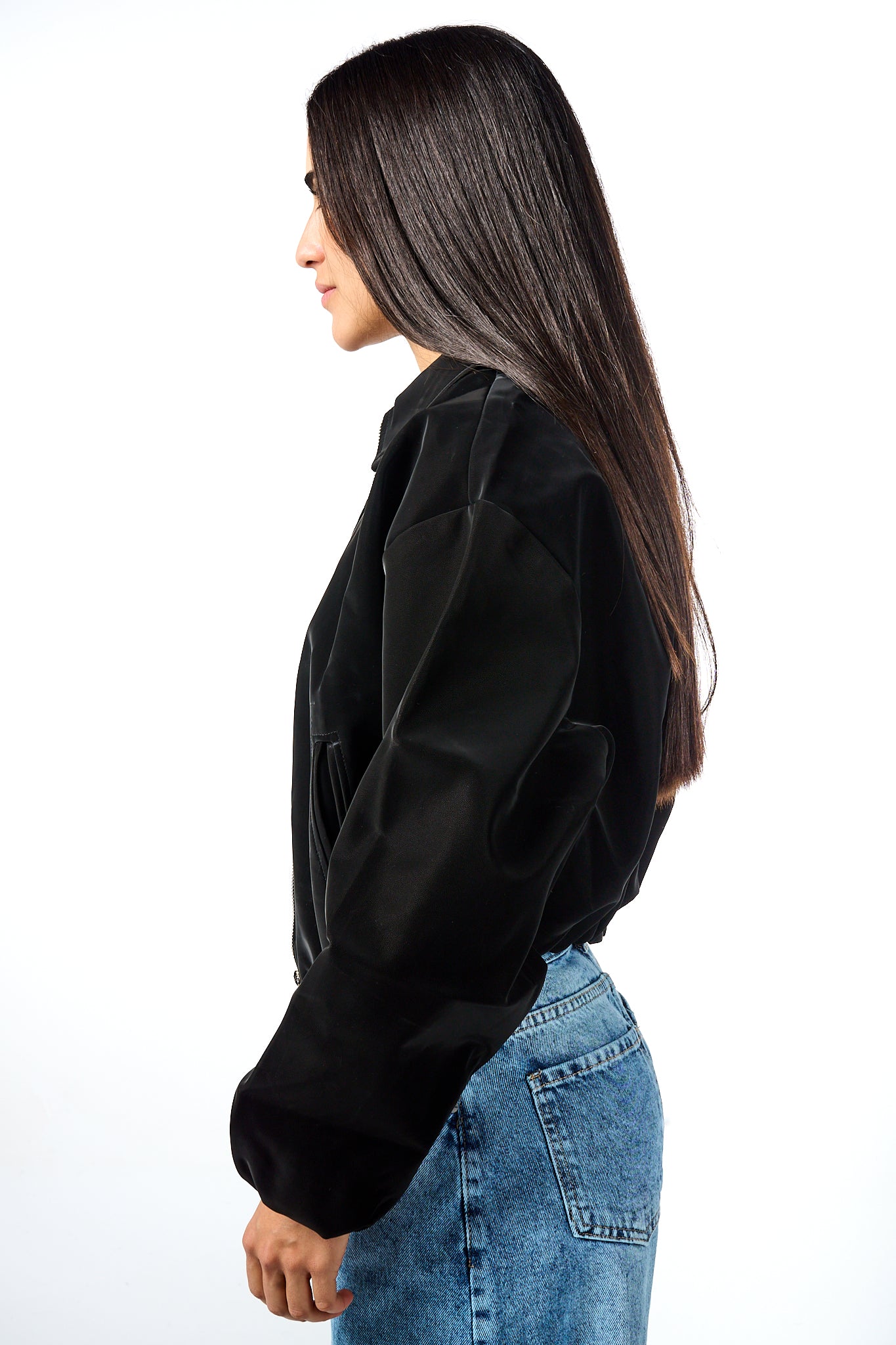 Puff-Sleeve Leather Bomber