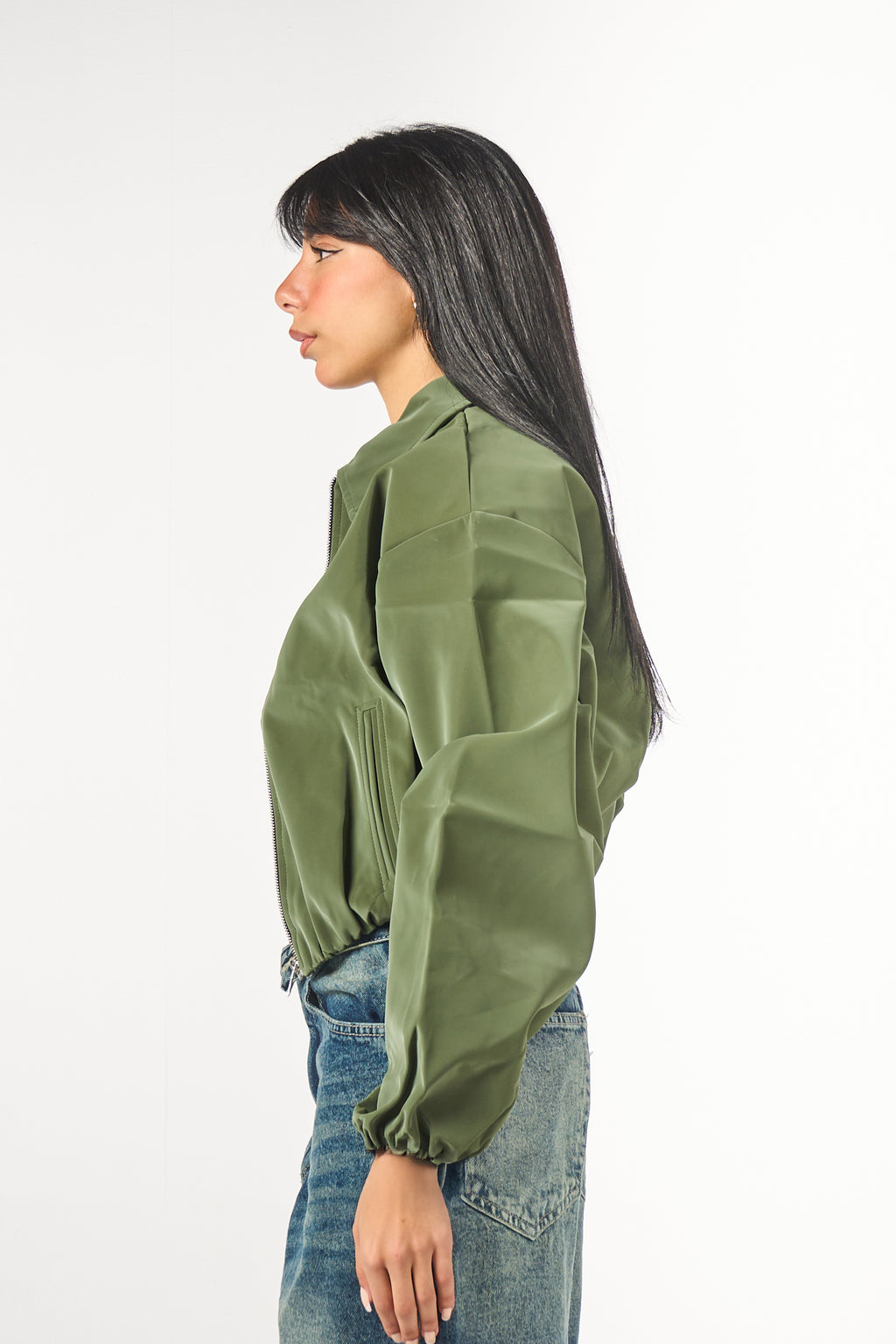 Puff-Sleeve Leather Bomber