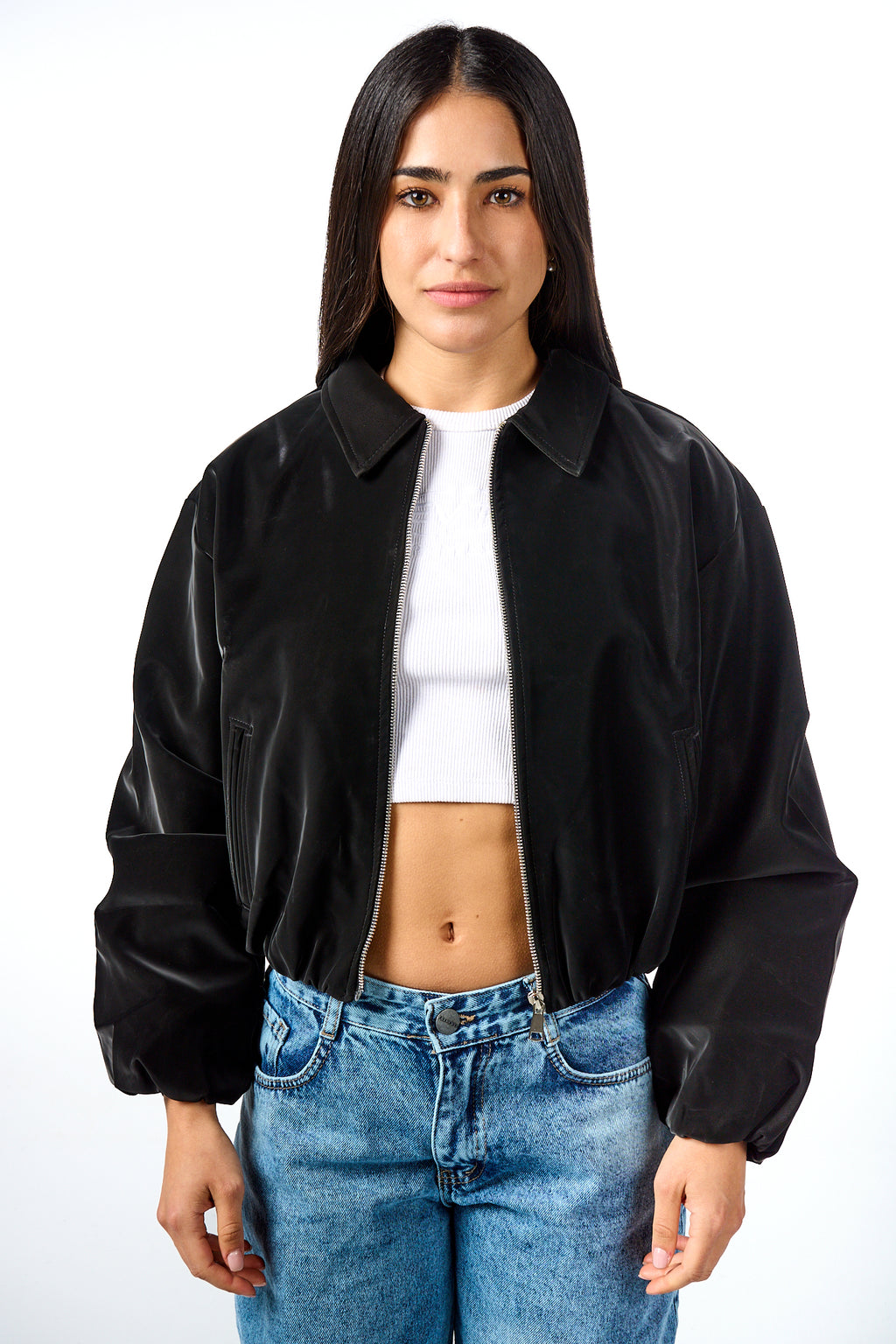Puff-Sleeve Leather Bomber