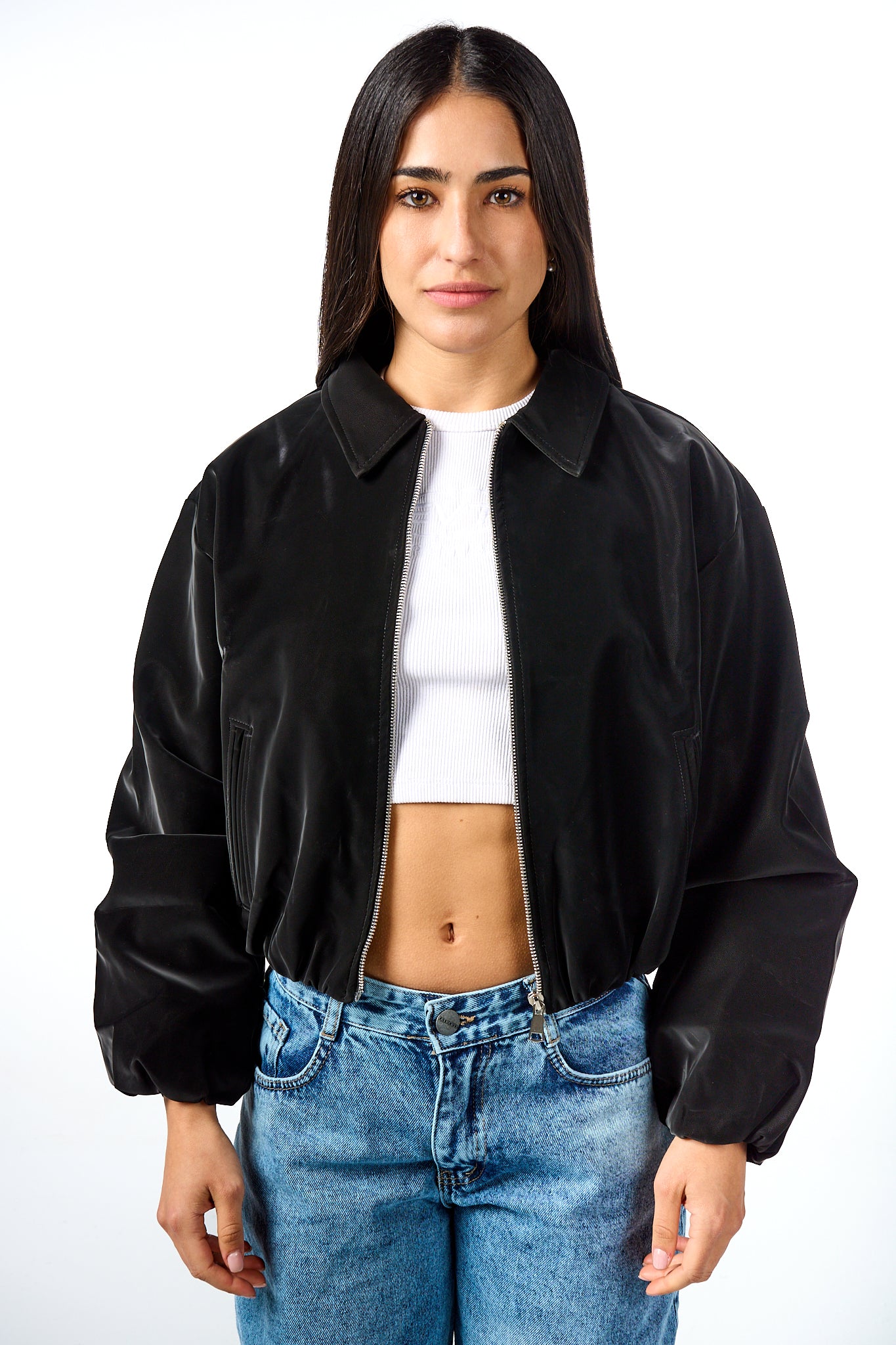 Puff-Sleeve Leather Bomber