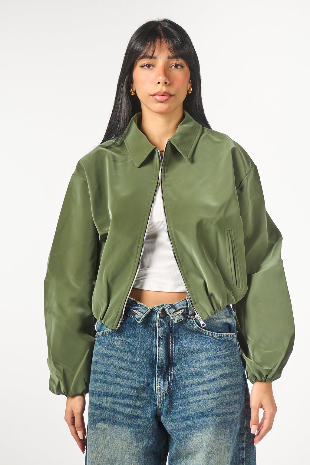 Puff-Sleeve Leather Bomber