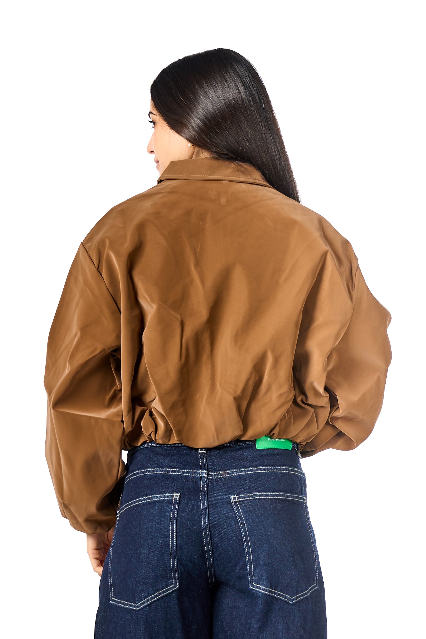 Puff-Sleeve Leather Bomber