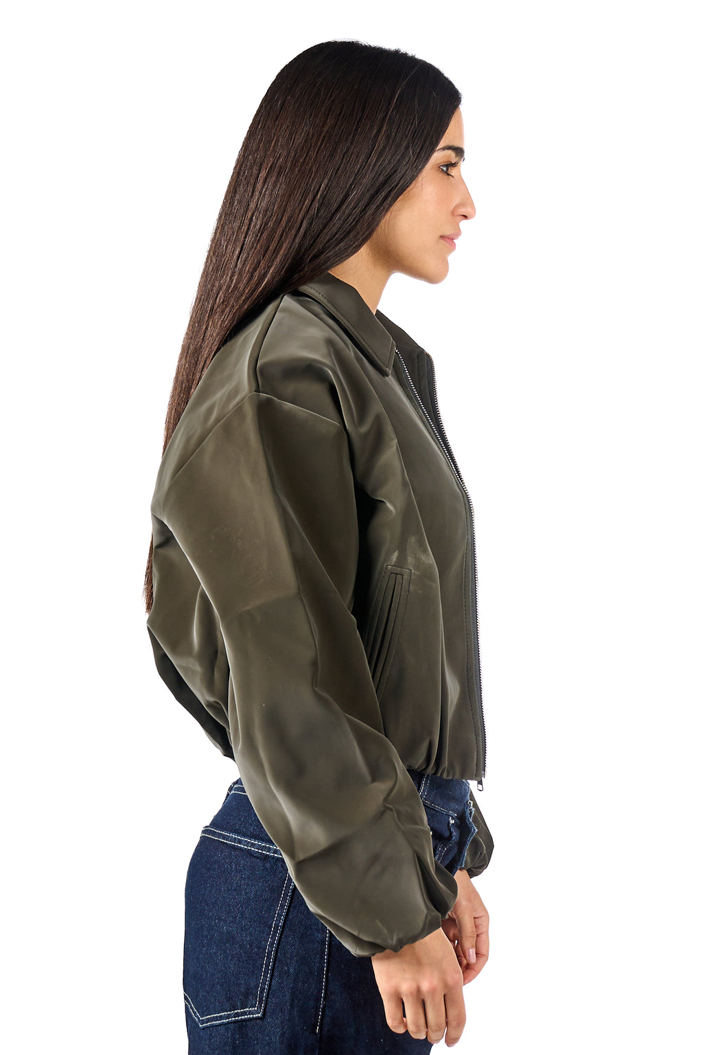Puff-Sleeve Leather Bomber