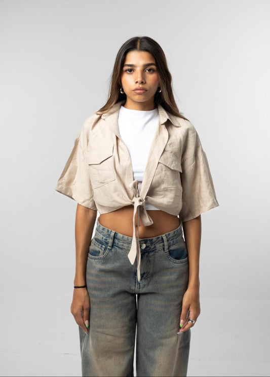 Cropped Beige Linen Shirt